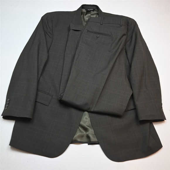 Jos A Bank 48R 38x30 Green Brown Glenn Plaid 100% Wool Mens Jacket Pants Suit